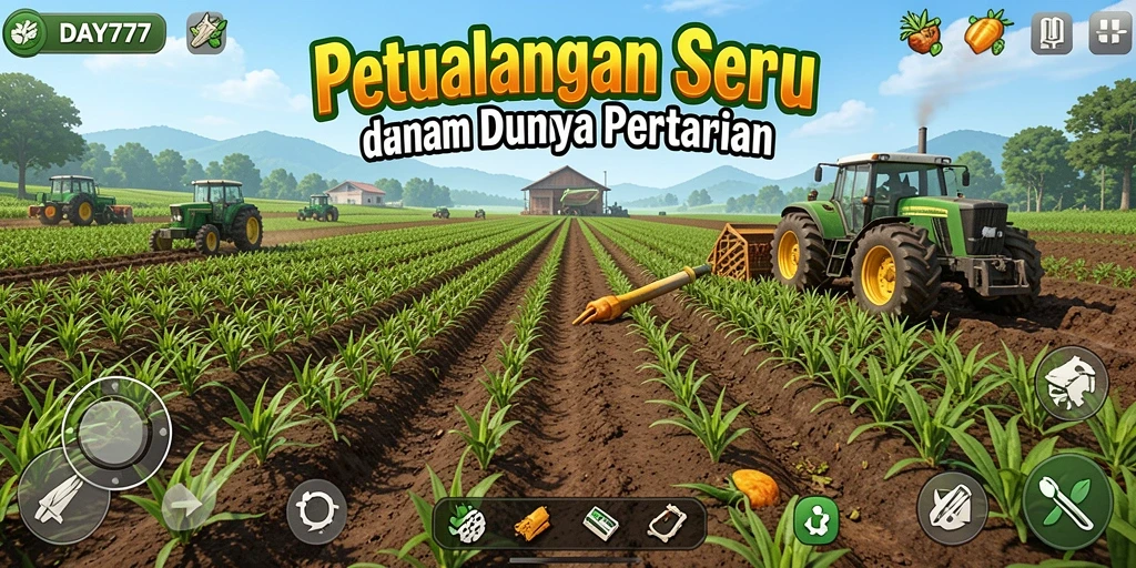 Tampilan gameplay DAY777 yang menggambarkan aktivitas pertanian yang menyenangkan.