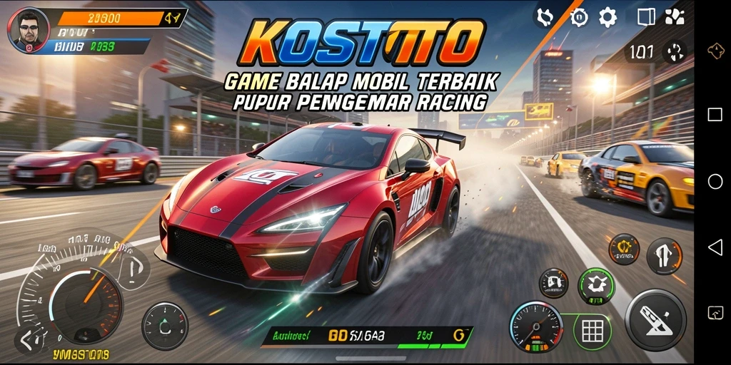 Screenshot KOSTOTO menampilkan aksi balap mobil yang mendebarkan.