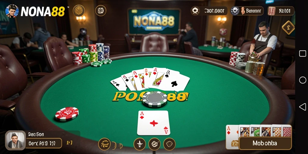 Tampilan gameplay NONA88 menampilkan aksi poker yang seru dan mengasyikkan.